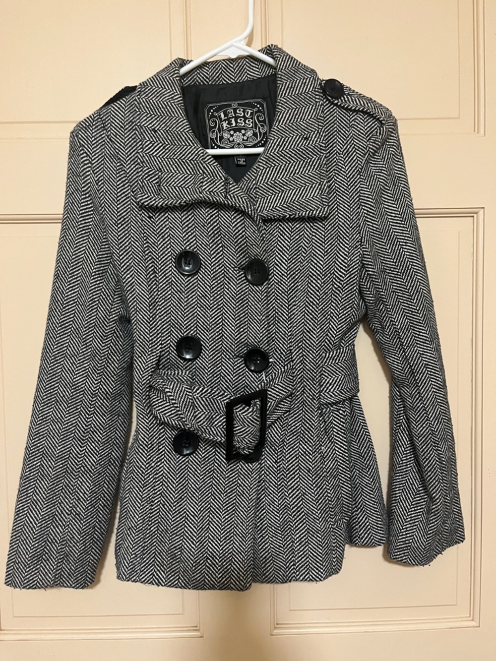 last kiss Black and White Herringbone Pea Coat with Belt